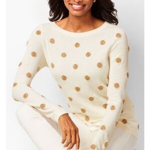 Talbots Lambswool Blend Sweater Cream w/ Gold Tinsel Dot Womens Large Festive